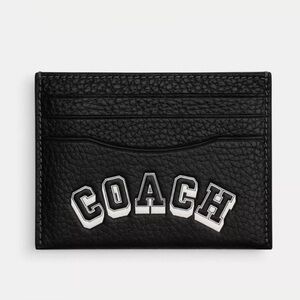 Coach Slim ID Card Case Wallet w/ Varsity Logo in Black/Chalk Pebble Leather NWT
